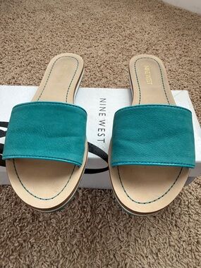Nine West Teal Slide Sandals - Women's Open-Toe Slip-Ons